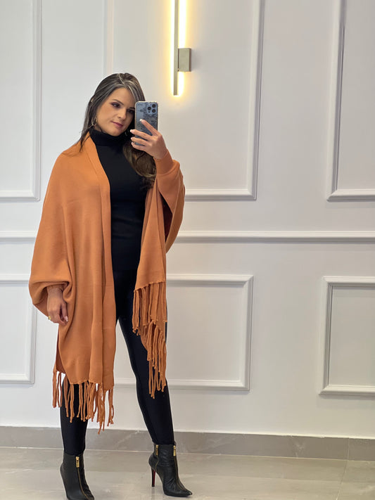 Poliane shawl with fringe - Terra Cota