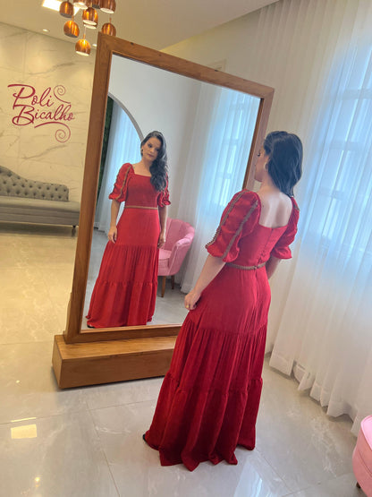 Long Dress Lastex Bust Sleeve Princess - Red