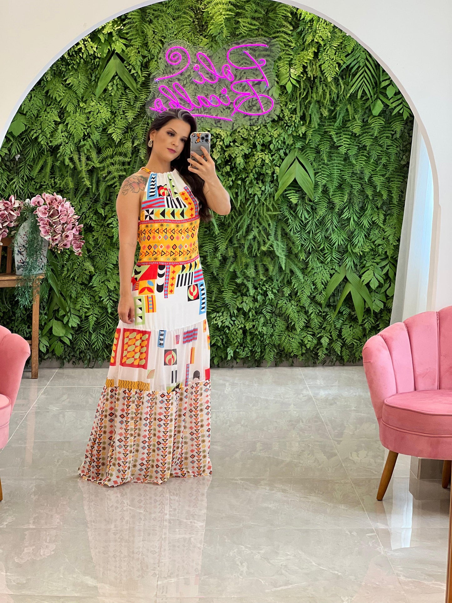 Long Dress Tie Back Crepe - Printed