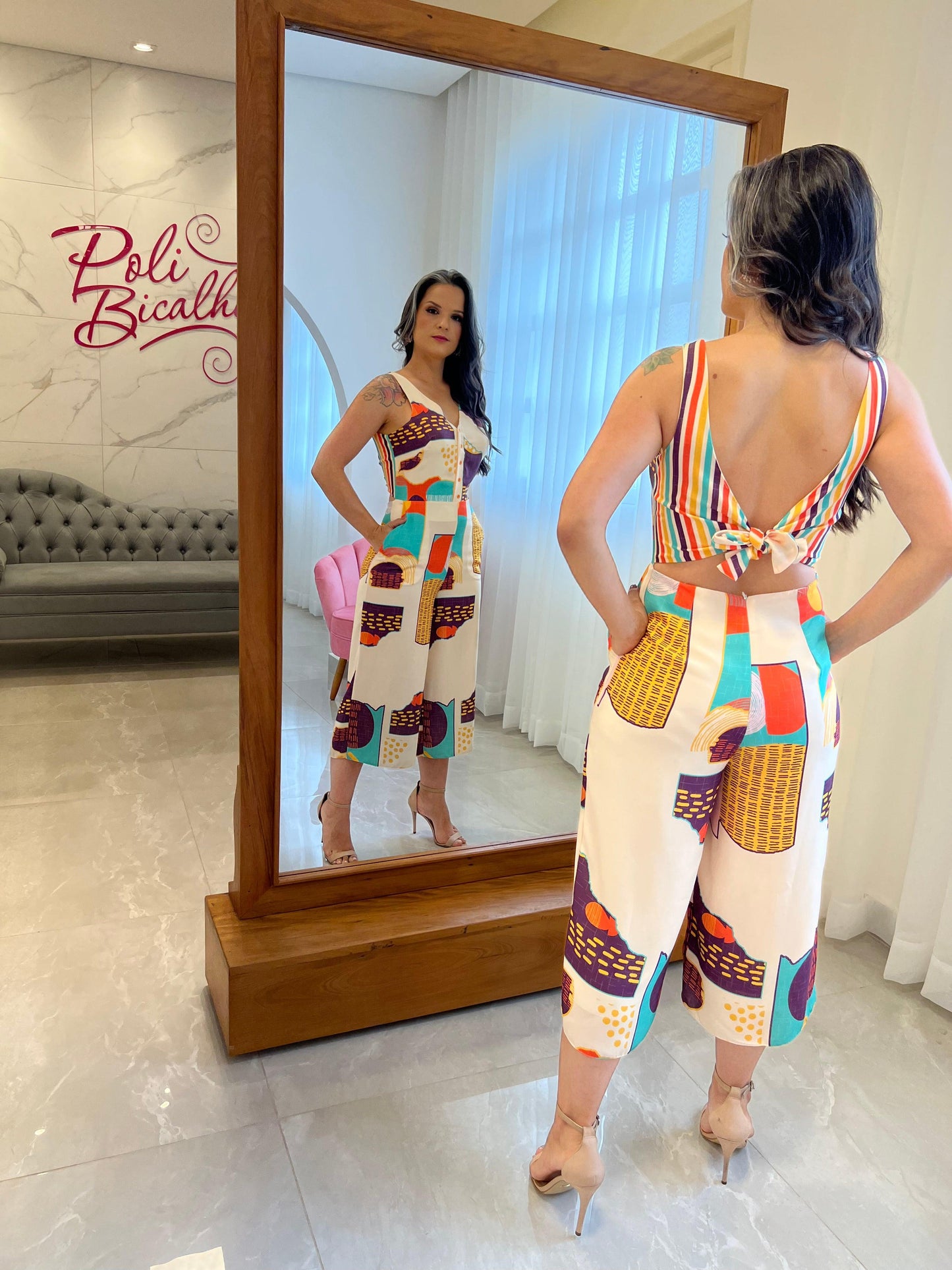 Crepe Button Pantacourt Jumpsuit - Printed