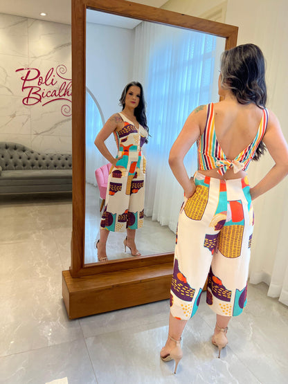 Crepe Button Pantacourt Jumpsuit - Printed
