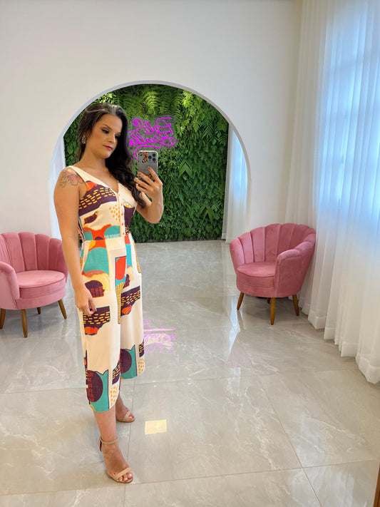 Crepe Button Pantacourt Jumpsuit - Printed