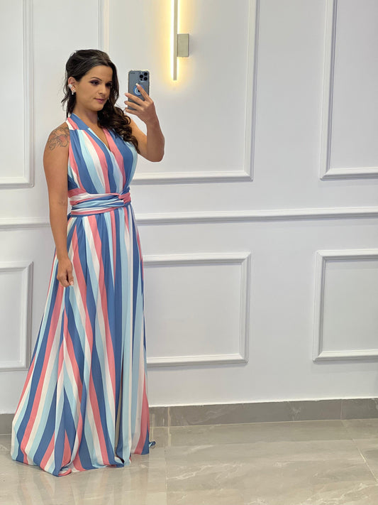 One Size Sleeveless Long Dress - Blue and Pink Stripe
