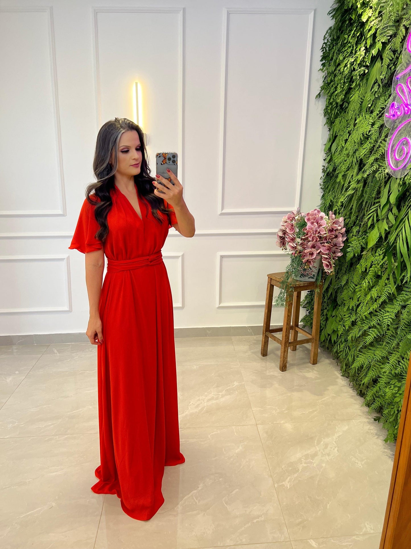 Long Dress One Size Short Sleeve - Red