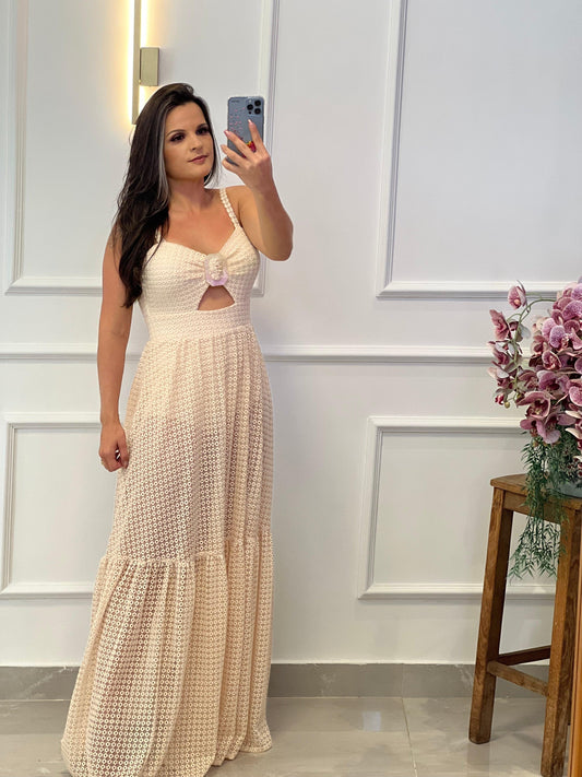 Long Embroidered Lace Dress Hot Pants - Beige