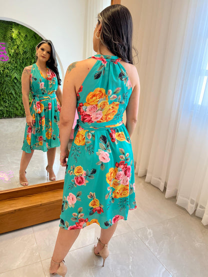 One Size Midi Dress Roses - Blue