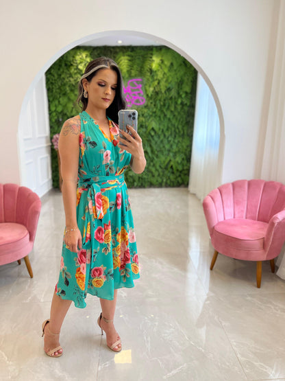 One Size Midi Dress Roses - Blue