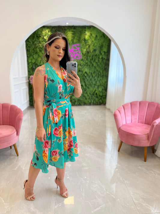 One Size Midi Dress Roses - Blue