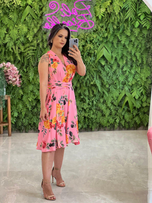 One Size Midi Dress Roses - Pink
