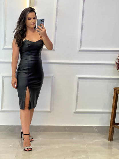 Conjunto Cropped e Saia Couro Ecológico - Liso Preto 4486