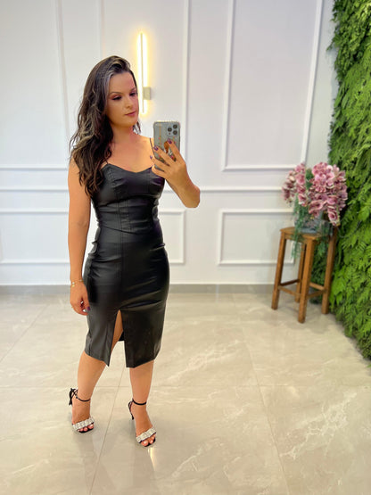 Conjunto Cropped e Saia Couro Ecológico - Liso Preto 4486
