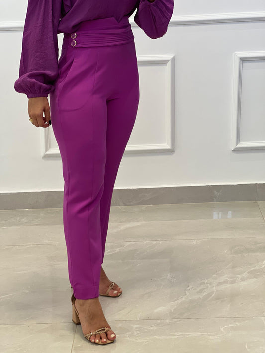 Crepe Side Button Pants - Fuchsia