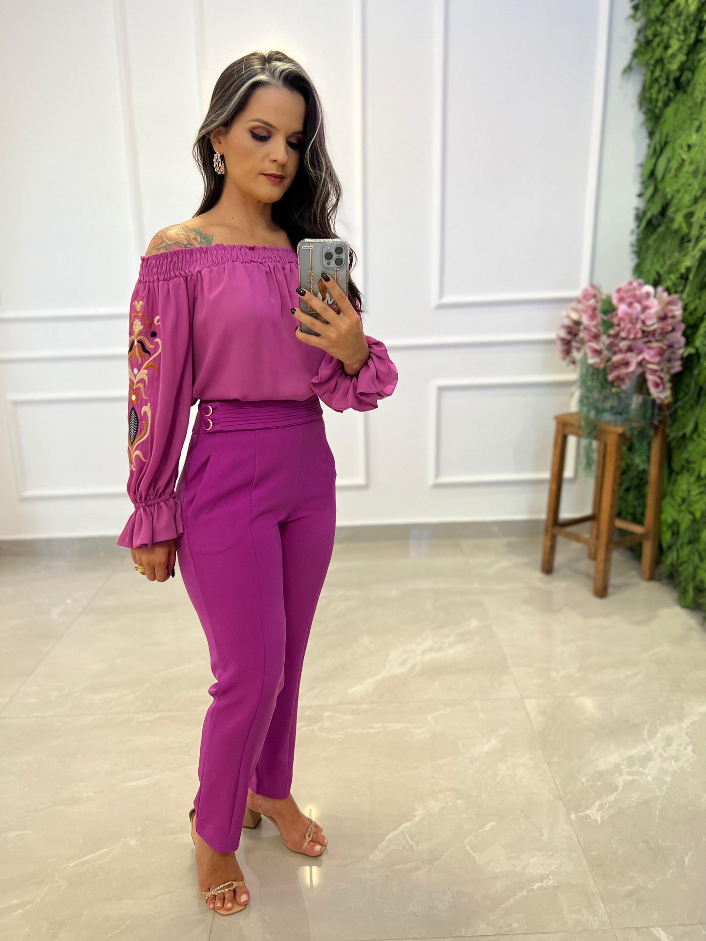 Crepe Side Button Pants - Fuchsia