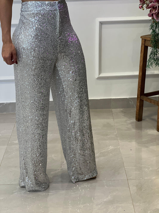 Sequin Pantalona Pants - Silver