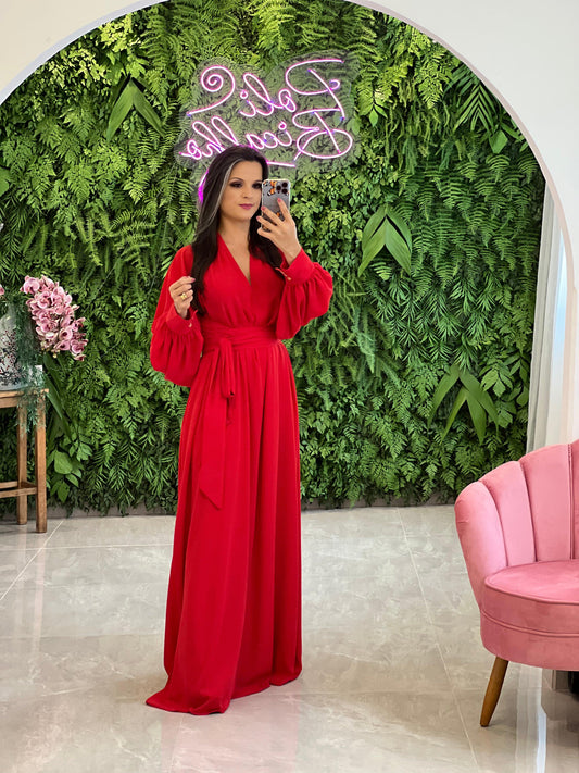 Long Sleeve One Size Long Dress with Buttons - Red