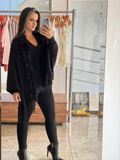 Pashimina Shawl With Leather View - Black