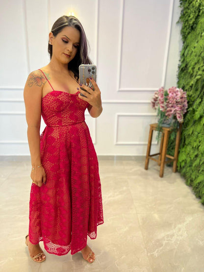 Thin Straps Lace Midi Dress - Pink